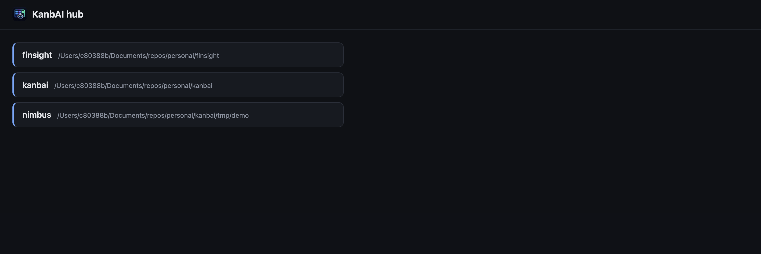 The hub landing page listing registered boards
