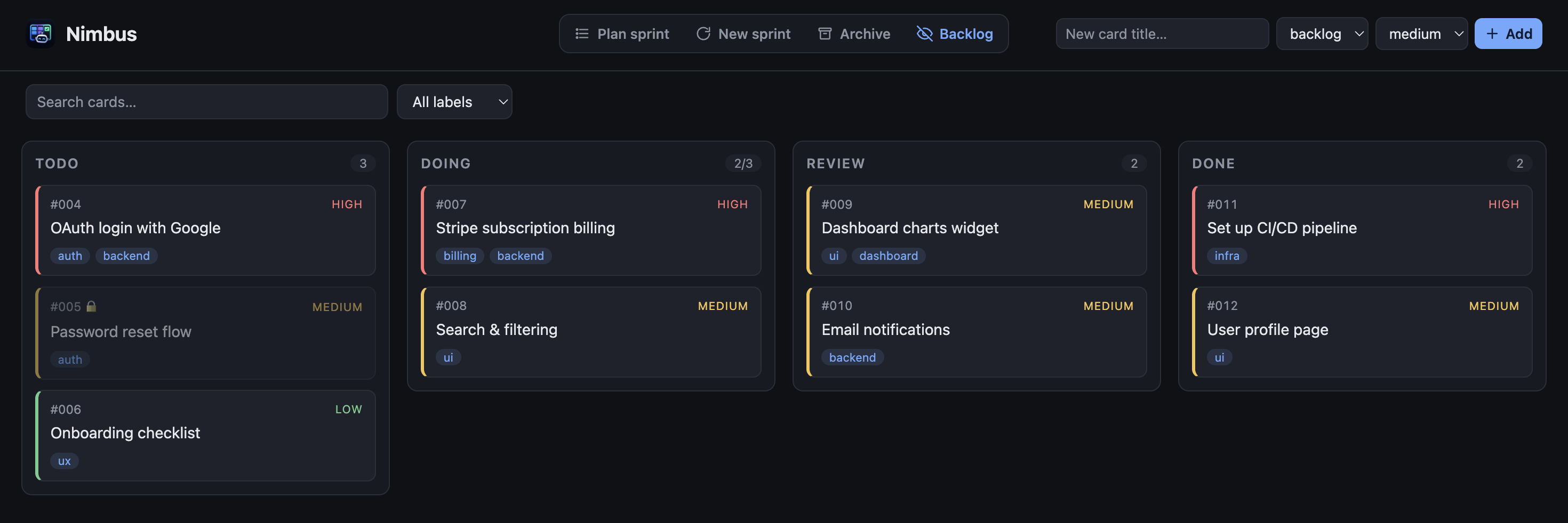 The board with the backlog hidden, focused on the sprint